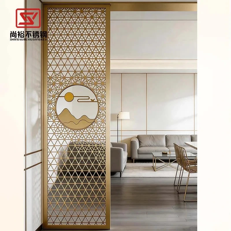 Luxury villa foyer with stainless steel entry screen and walnut door.