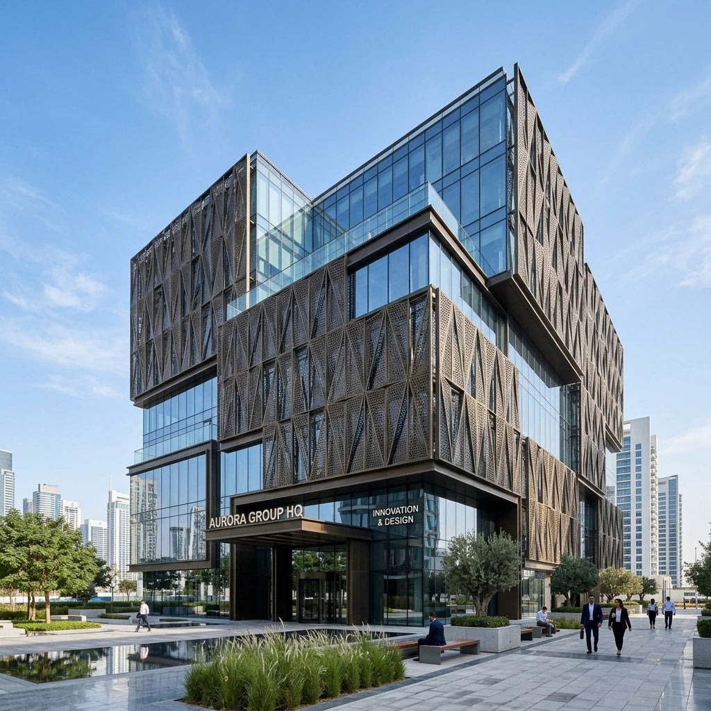 Laser-cut stainless steel facade module installed on a building exterior with aligned hole coordinates