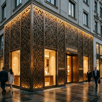 Geometric courtyard screen creating a focal outdoor boundary.