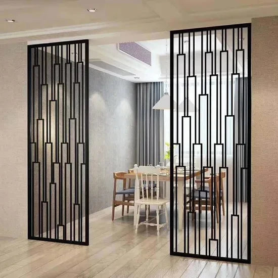 Our linear grid laser-cut screen direction for open-plan commercial and hospitality spaces.