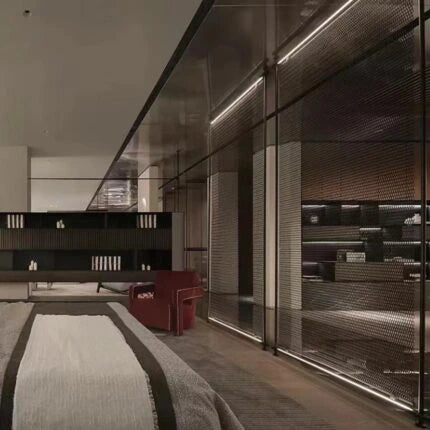 Our glass-hybrid stainless divider used to define a hospitality dining zone.