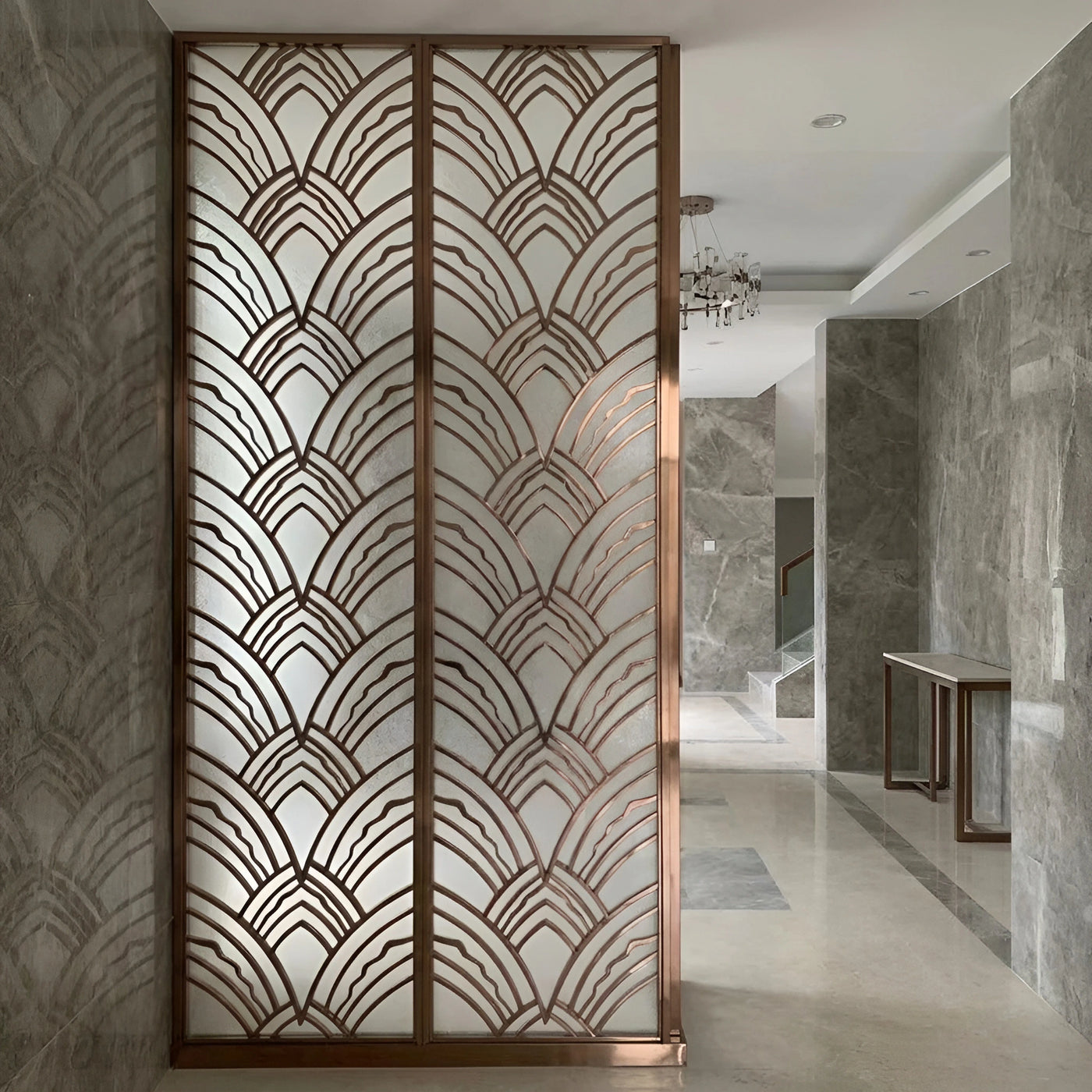 Residential foyer where the stainless partition sits back and the stone and timber lead — visualization